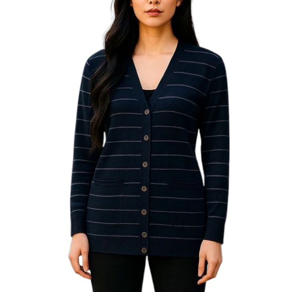 Hazzys Sweaters - Hazzys Made In Korea Wool Blend Stripe Cardigan In White/Navy Combo Size Small